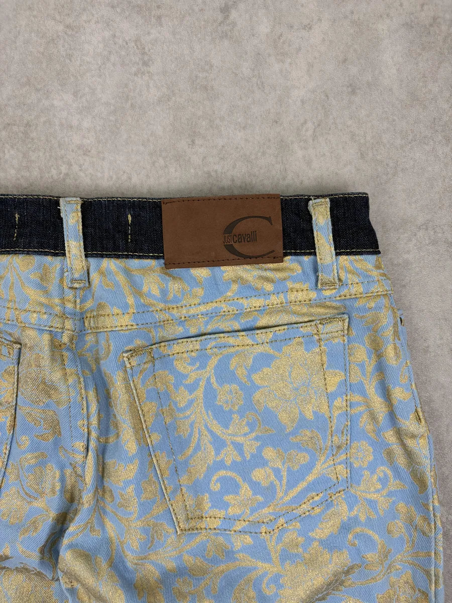 2000s Cavalli Light Blue Denim Waist Gold Floral Royal Pants KtjeiRA 8