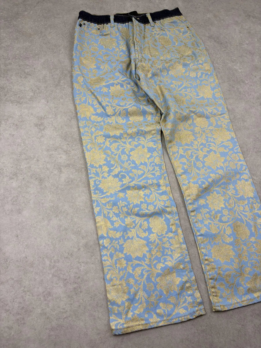 2000s Cavalli Light Blue Denim Waist Gold Floral Royal Pants KtjeiRA 4