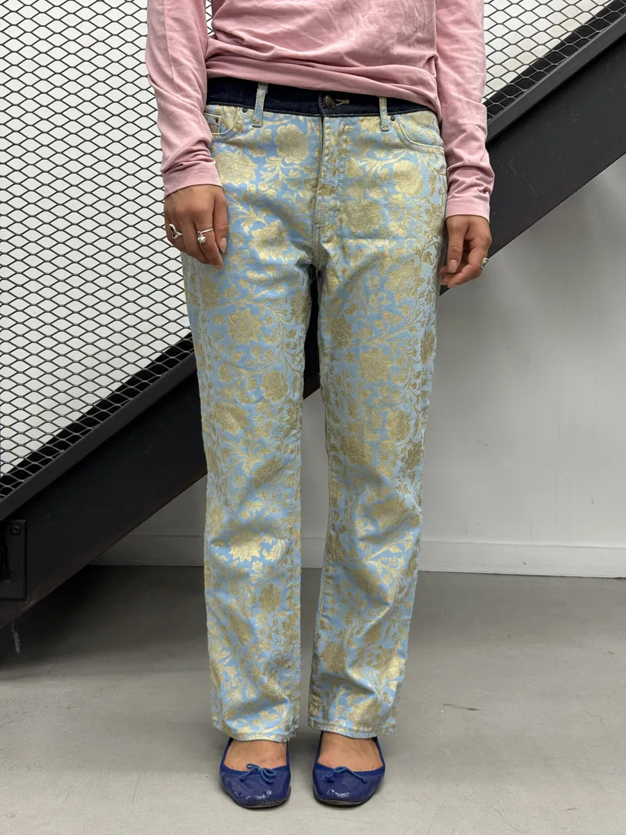2000s Cavalli Light Blue Denim Waist Gold Floral Royal Pants KtjeiRA 0