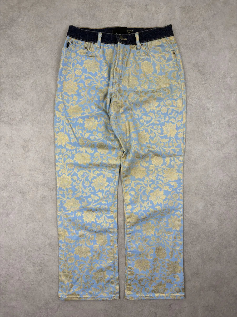 2000s Cavalli Light Blue Denim Waist Gold Floral Royal Pants KtjeiRA 3