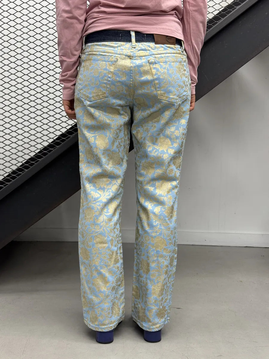 2000s Cavalli Light Blue Denim Waist Gold Floral Royal Pants KtjeiRA 2