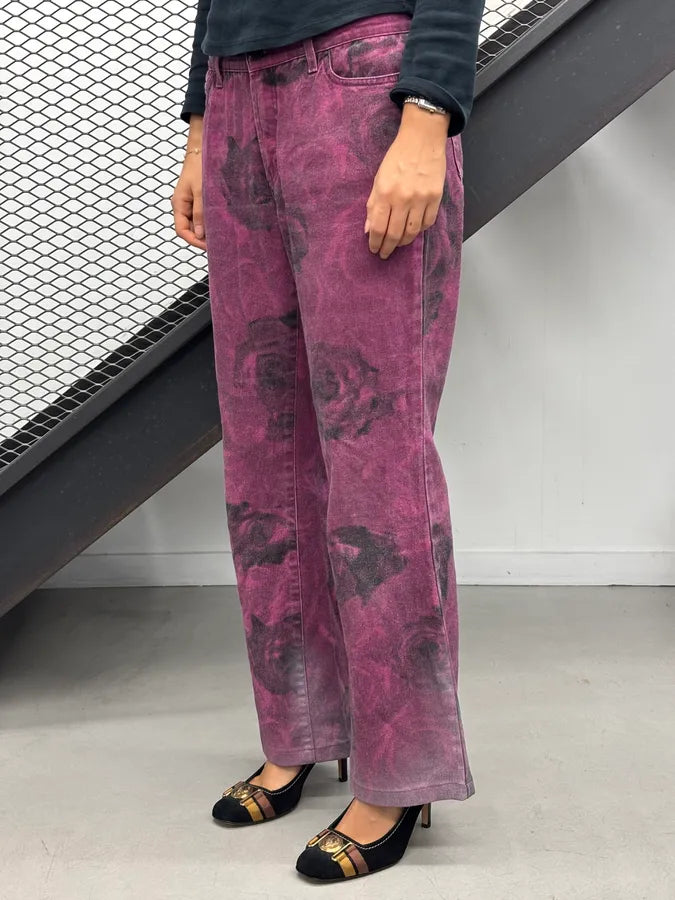 2000s Cavalli Purple Floral Blossum Flared Pants kaVvmEa 2