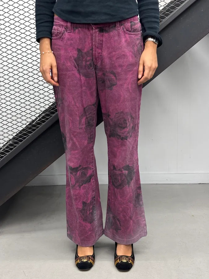 2000s Cavalli Purple Floral Blossum Flared Pants kaVvmEa 1