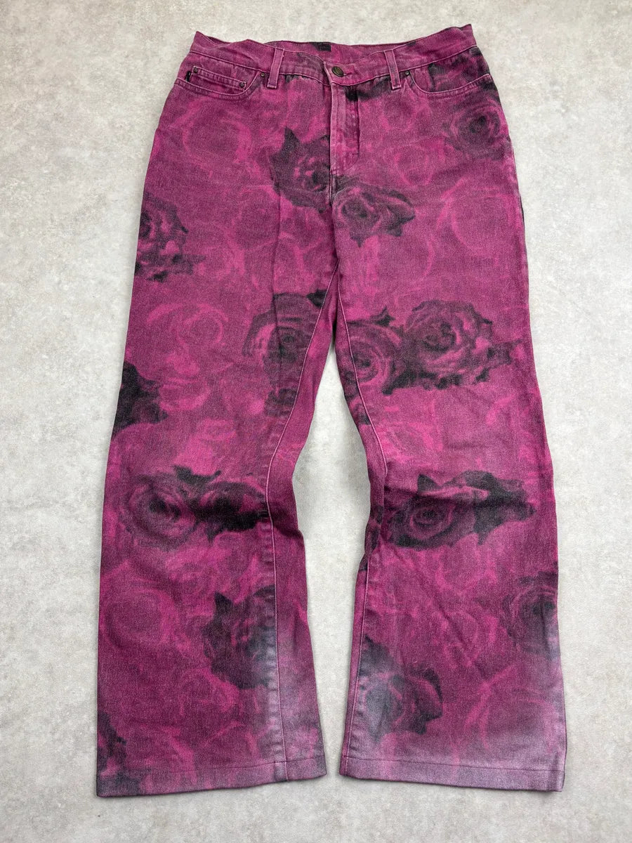 2000s Cavalli Purple Floral Blossum Flared Pants kaVvmEa 0