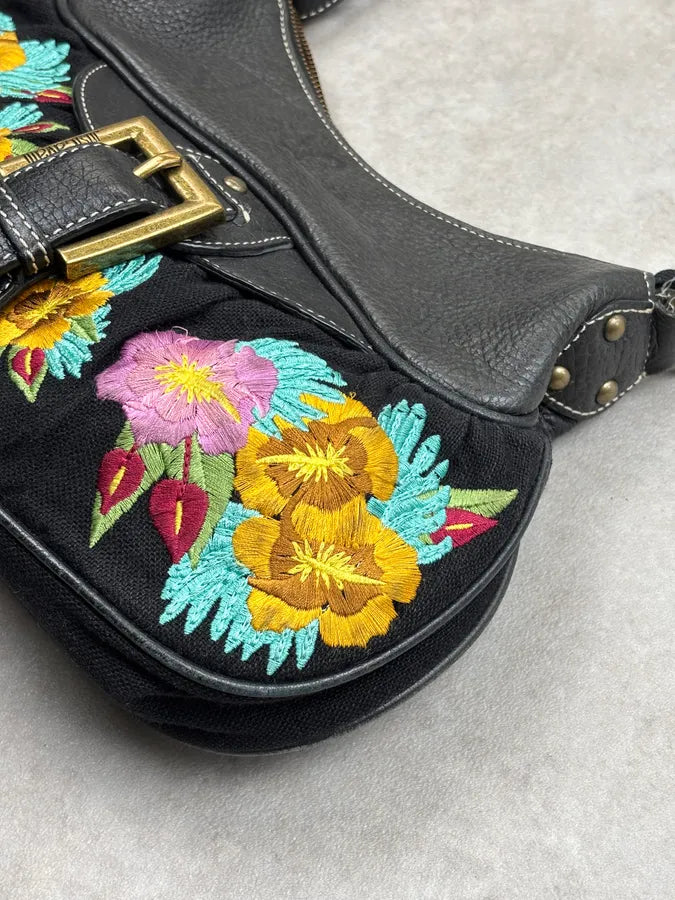 2000s Cavalli Black Canvas Embroidered Floral Shoulder Bag KtiwQlM 4