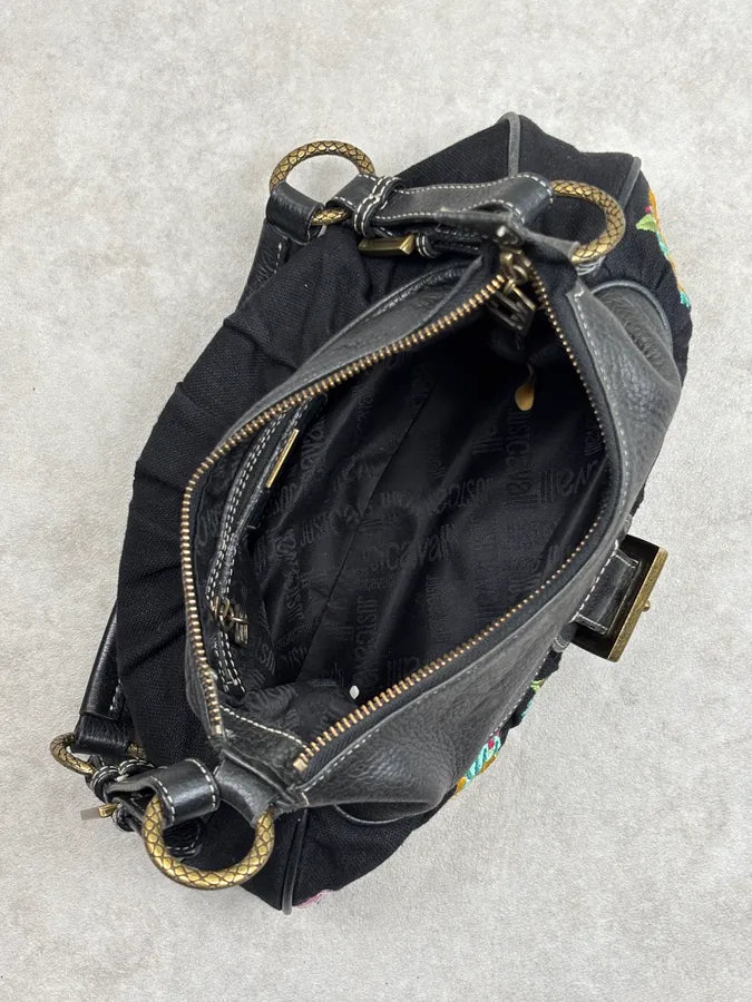 2000s Cavalli Black Canvas Embroidered Floral Shoulder Bag KtiwQlM 9