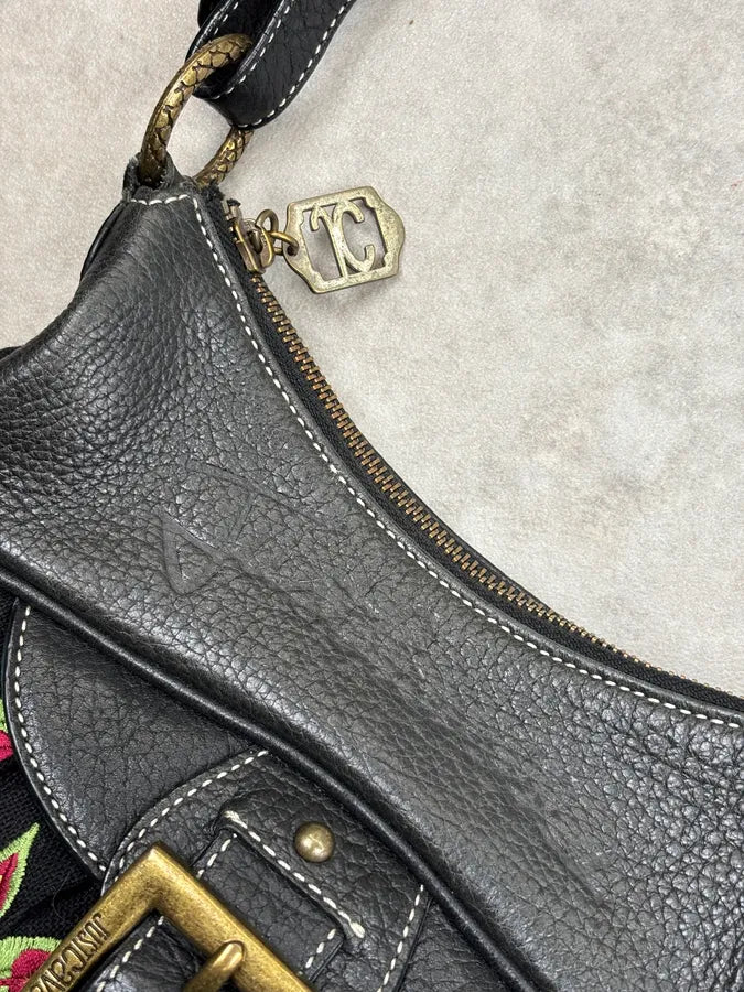 2000s Cavalli Black Canvas Embroidered Floral Shoulder Bag KtiwQlM 8