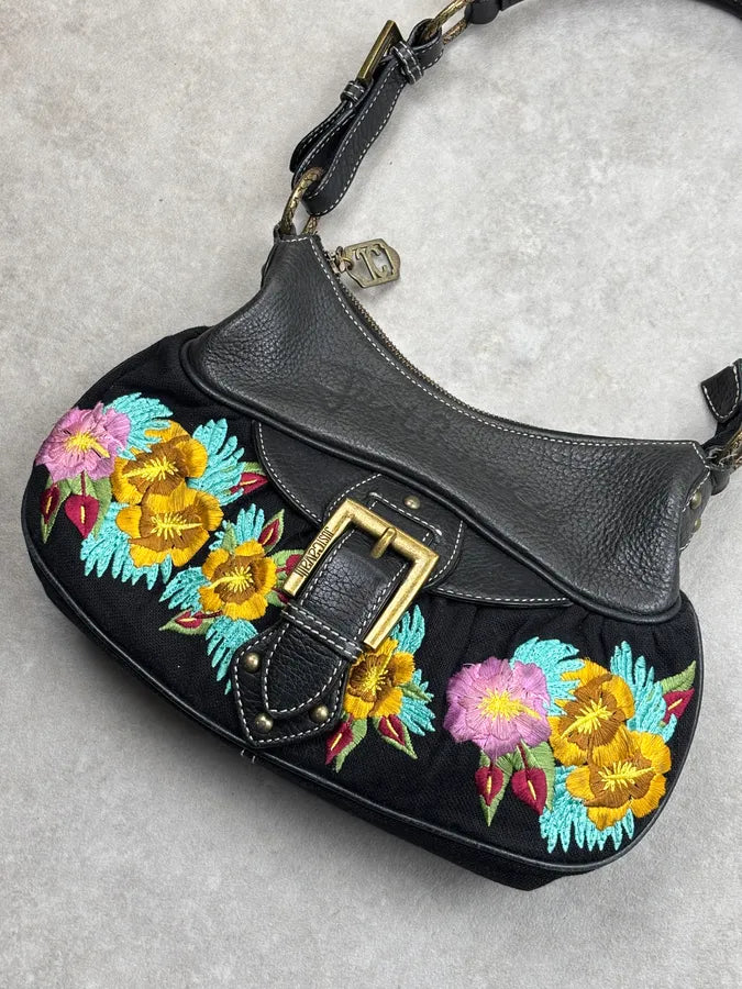 2000s Cavalli Black Canvas Embroidered Floral Shoulder Bag KtiwQlM 3