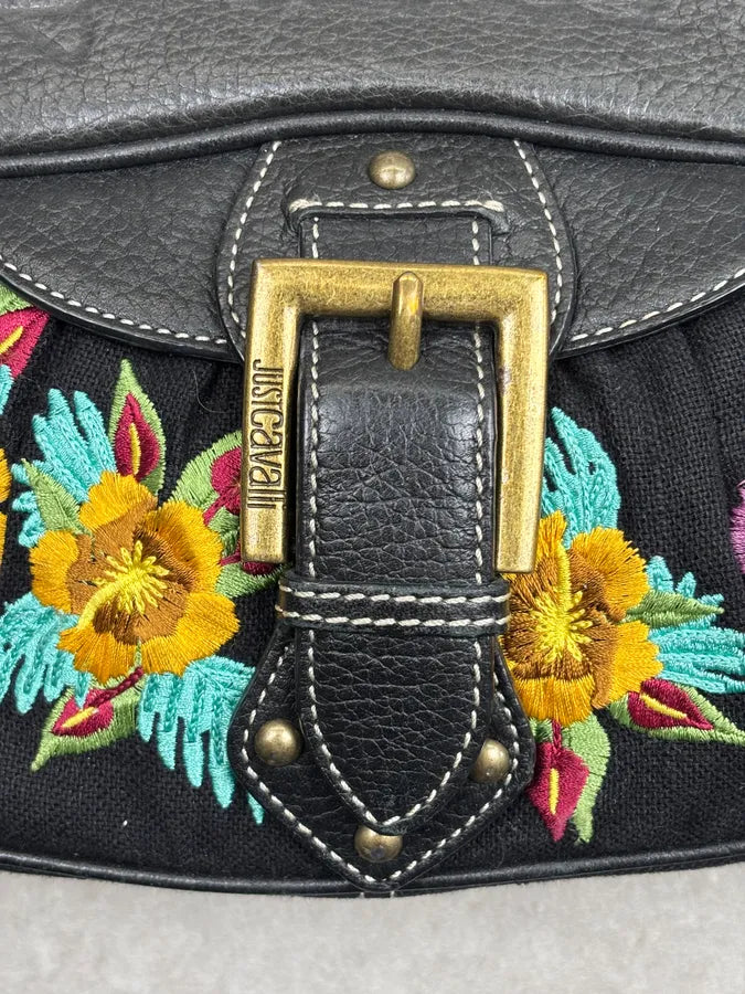 2000s Cavalli Black Canvas Embroidered Floral Shoulder Bag KtiwQlM 5
