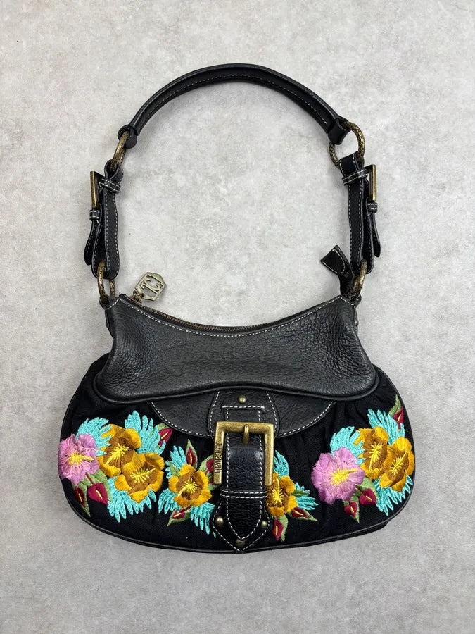 2000s Cavalli Black Canvas Embroidered Floral Shoulder Bag KtiwQlM 0