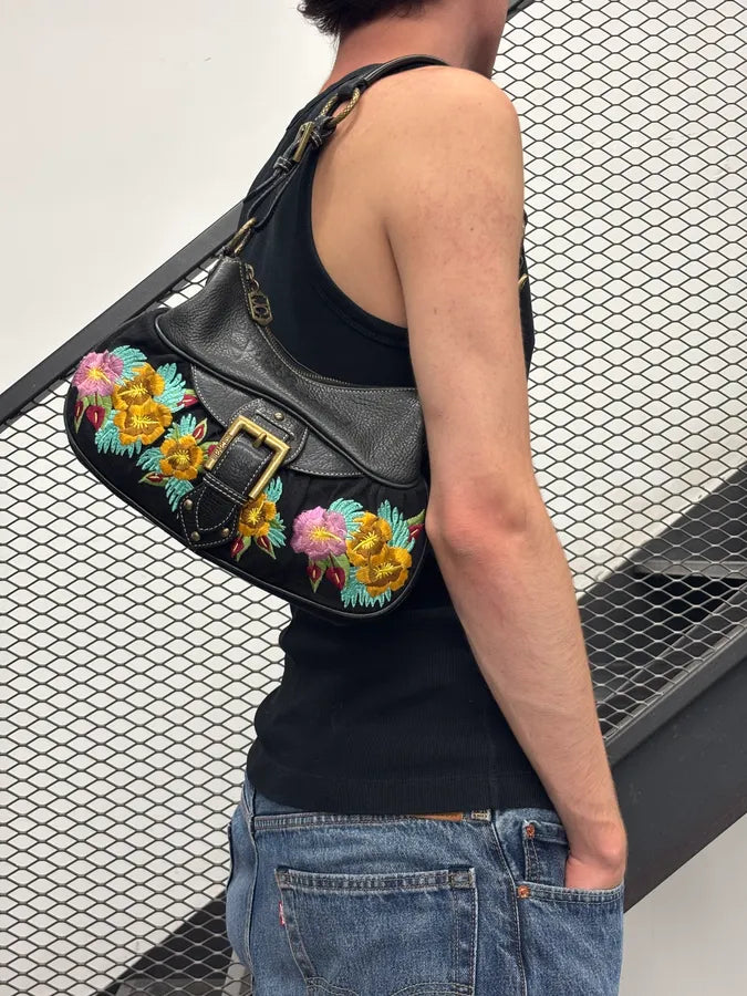 2000s Cavalli Black Canvas Embroidered Floral Shoulder Bag KtiwQlM 2
