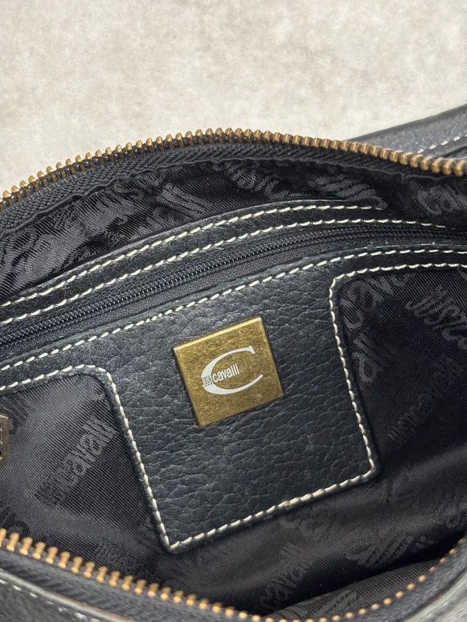 2000s Cavalli Black Canvas Embroidered Floral Shoulder Bag KtiwQlM 10