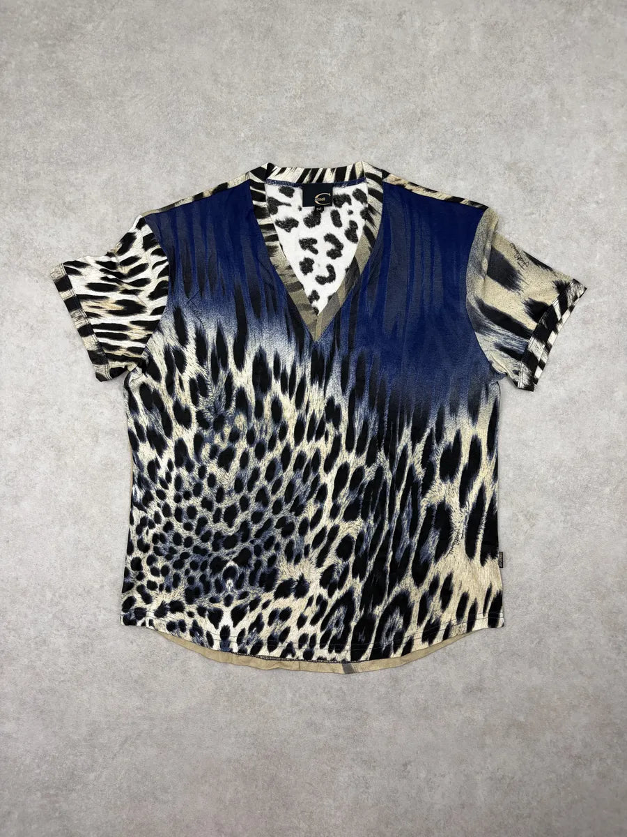 2000s Cavalli Navy V Neck Leopard T-Shirt zPMPbGo 0
