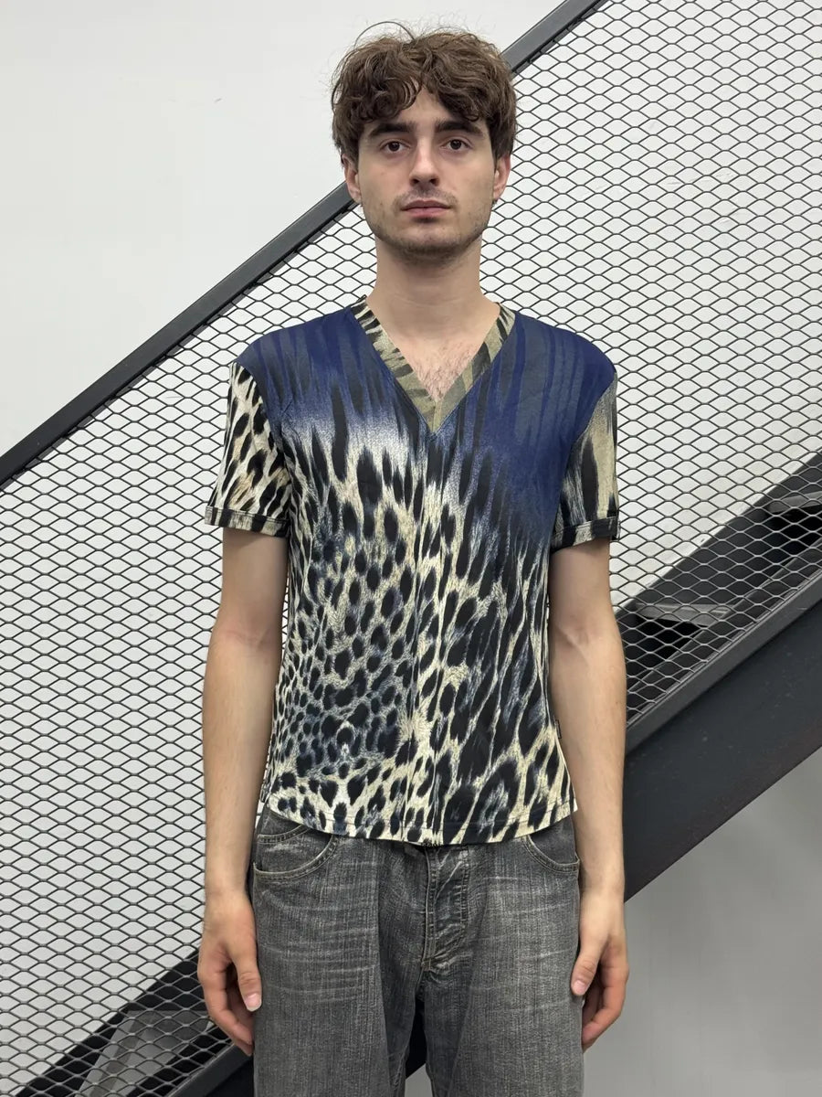 2000s Cavalli Navy V Neck Leopard T-Shirt zPMPbGo 1