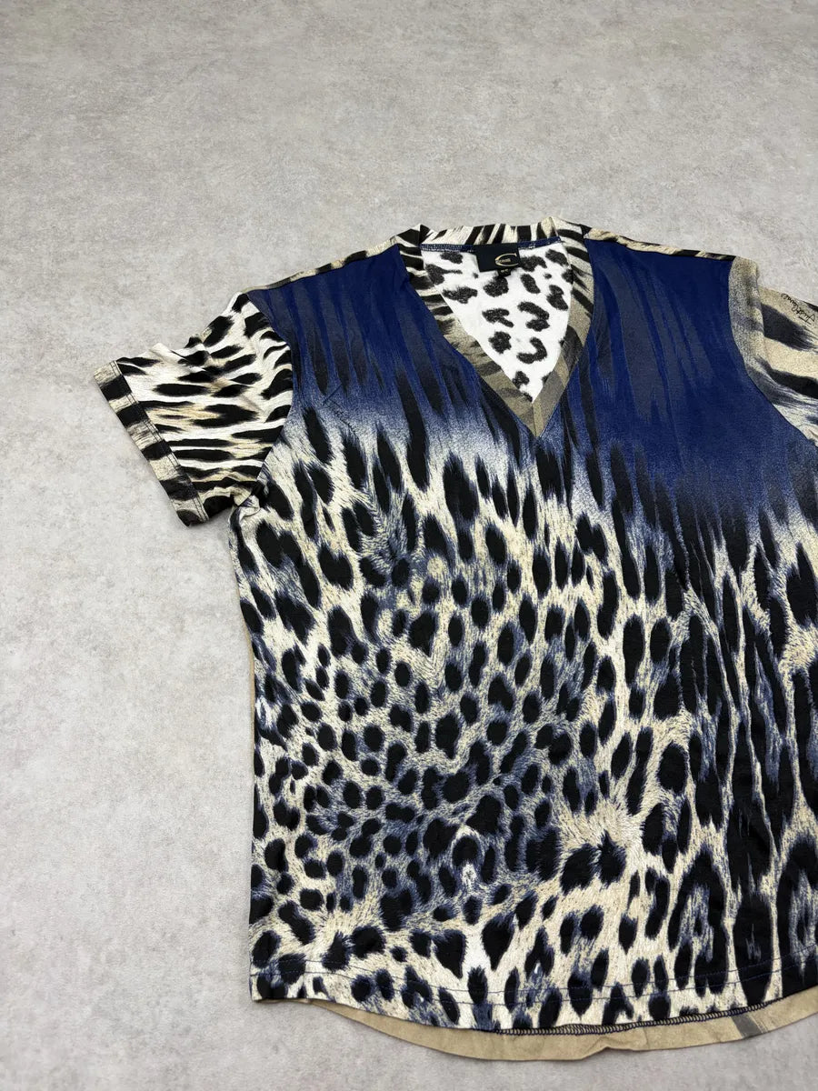 2000s Cavalli Navy V Neck Leopard T-Shirt zPMPbGo 3