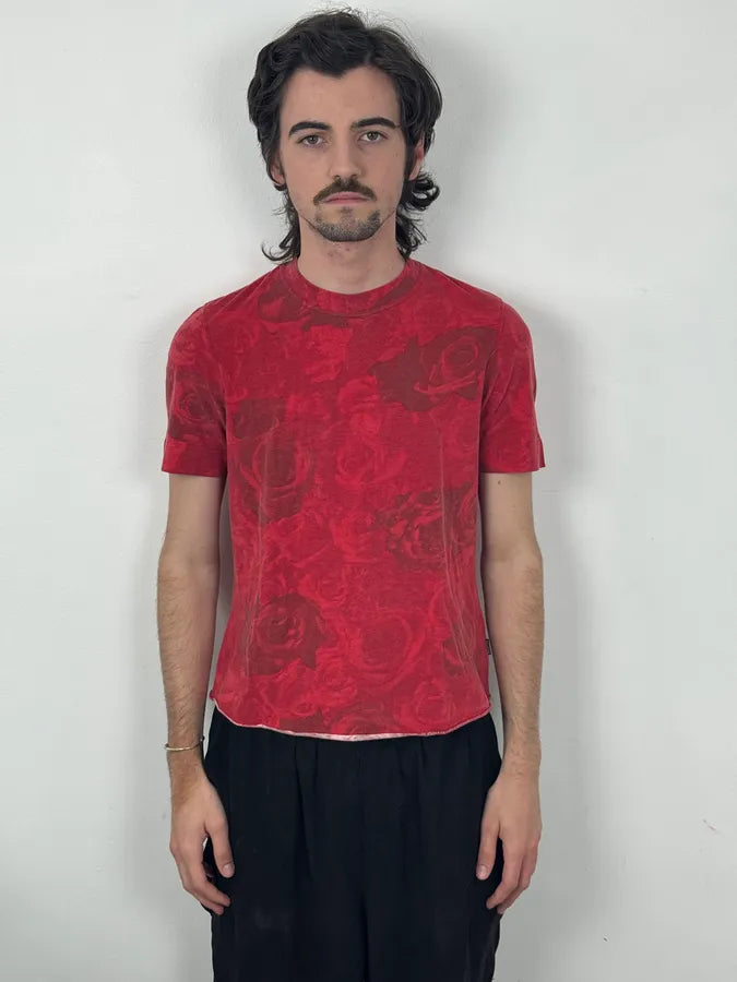 2000s Cavalli Red Blossom Rose Floral T-Shirt osLizhU 1