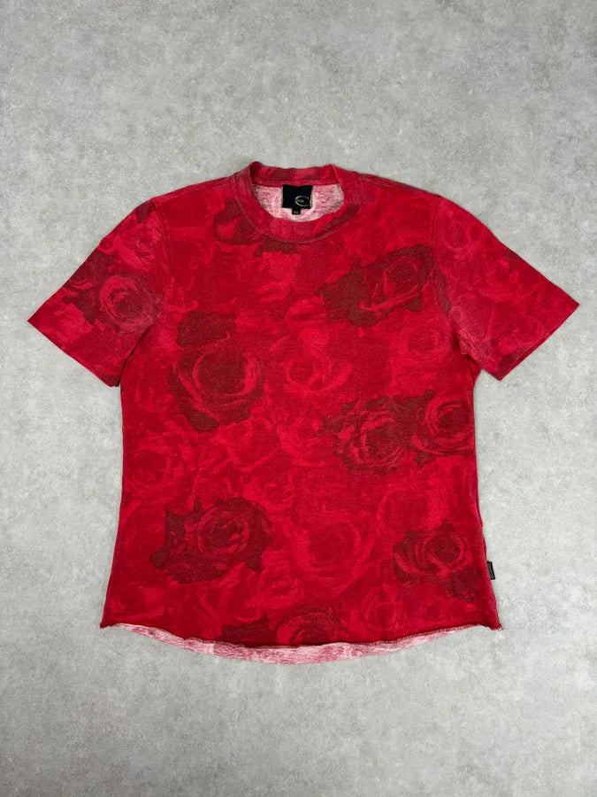 2000s Cavalli Red Blossom Rose Floral T-Shirt osLizhU 0