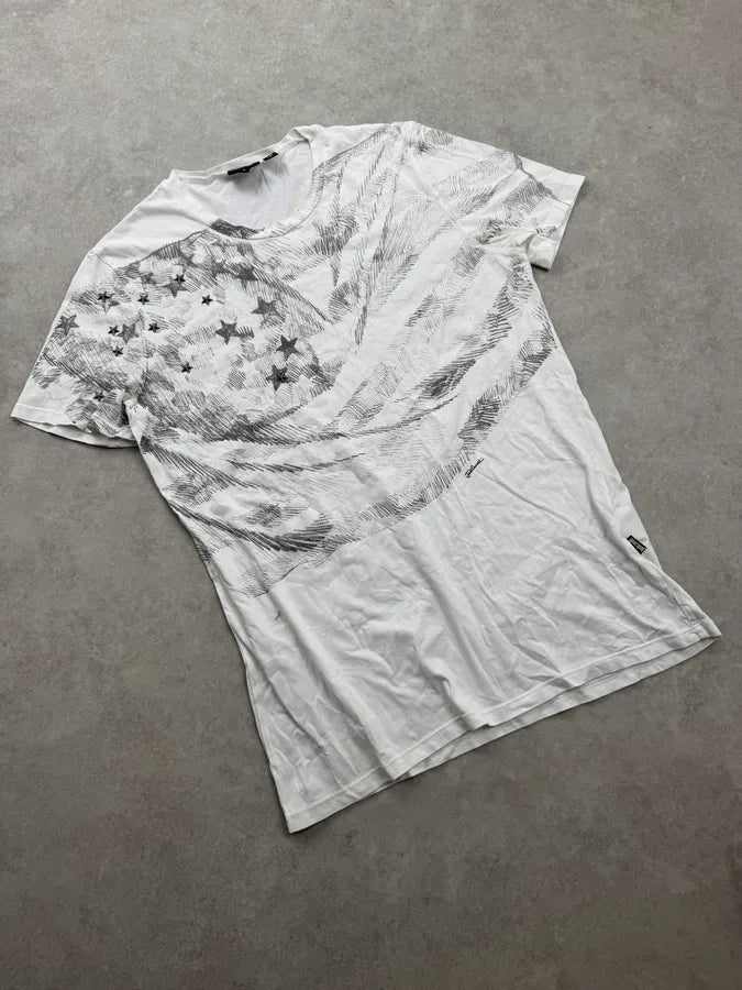 2000s Cavalli White Flag Stars Print T-Shirt PKtJggf 3