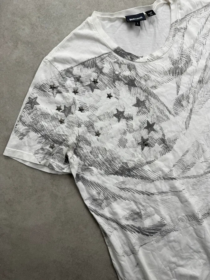 2000s Cavalli White Flag Stars Print T-Shirt PKtJggf 5