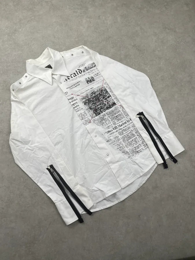 2000s Cavalli White Newspaper Print Shirt WtJvZRS 9
