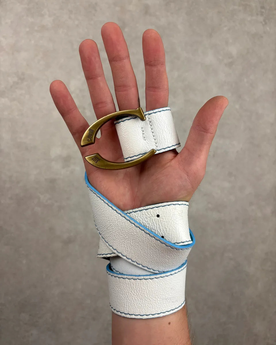 2000s Cavalli White Leather Contrast Stitch Belt QSwRQtu 1
