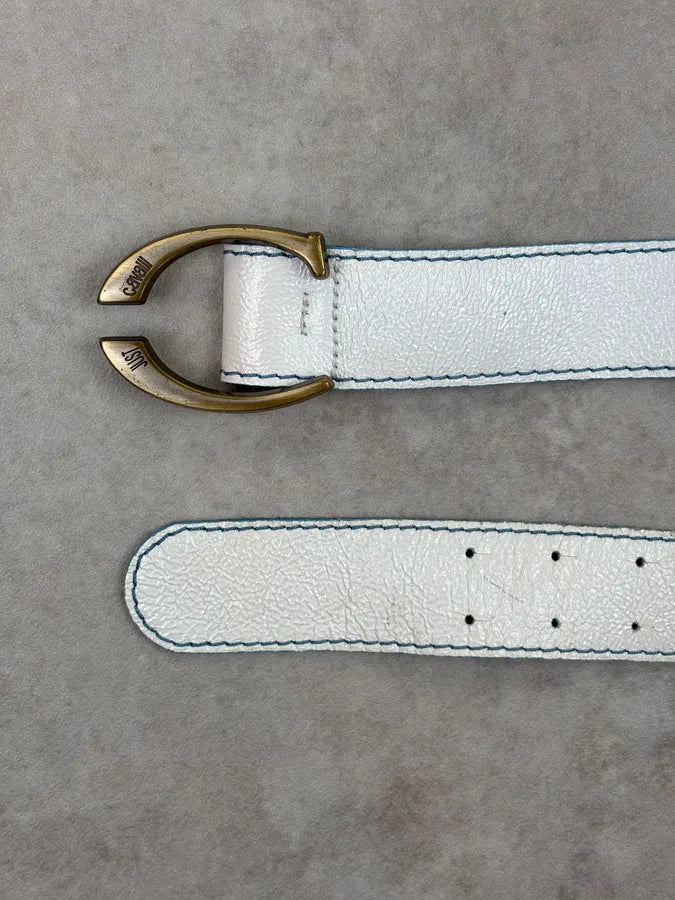 2000s Cavalli White Leather Contrast Stitch Belt QSwRQtu 3