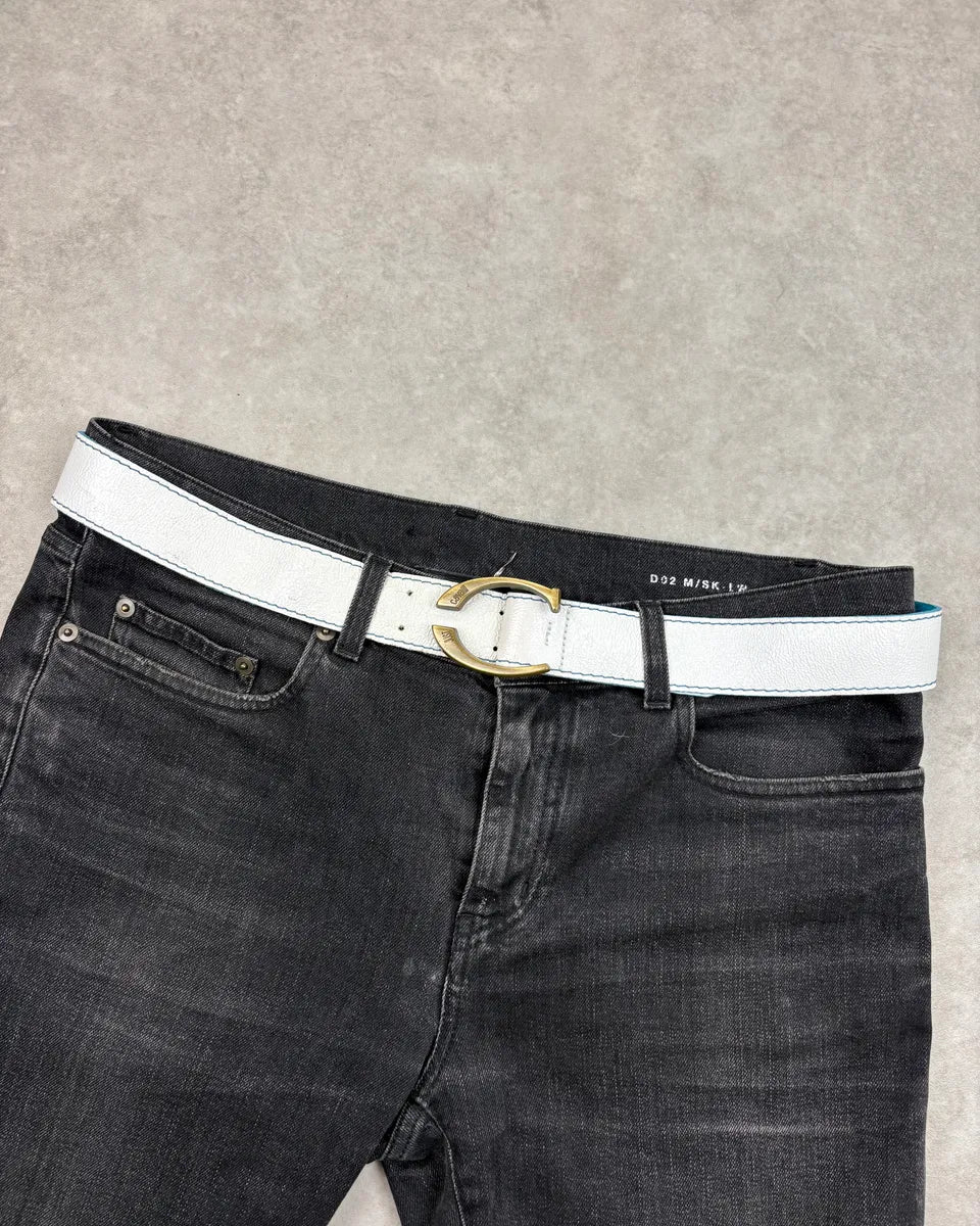 2000s Cavalli White Leather Contrast Stitch Belt QSwRQtu 0