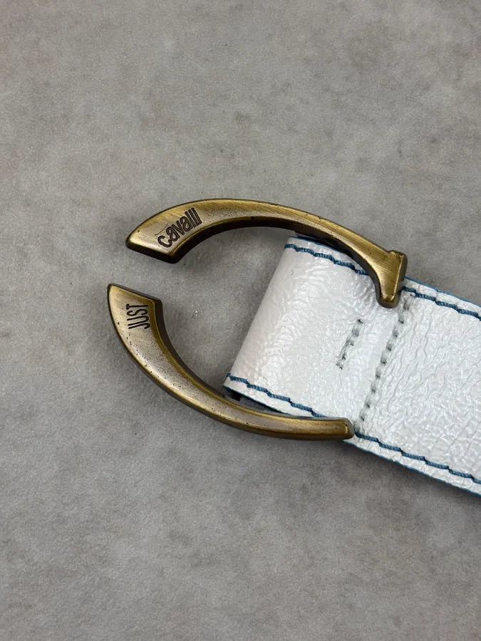 2000s Cavalli White Leather Contrast Stitch Belt QSwRQtu 4