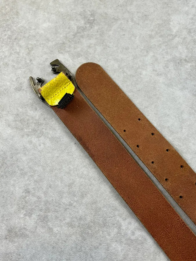 2000s Cavalli Yellow Eroded Leather Double Buckle Belt iQKtNOk 4