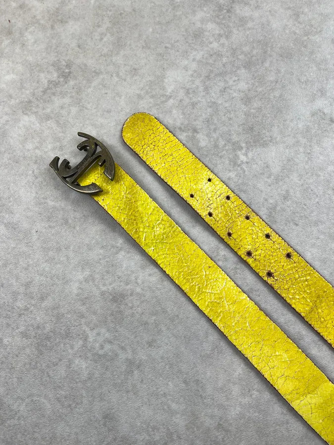 2000s Cavalli Yellow Eroded Leather Double Buckle Belt iQKtNOk 3