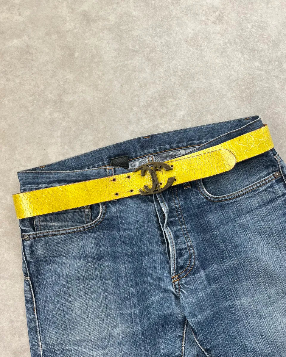 2000s Cavalli Yellow Eroded Leather Double Buckle Belt iQKtNOk 0