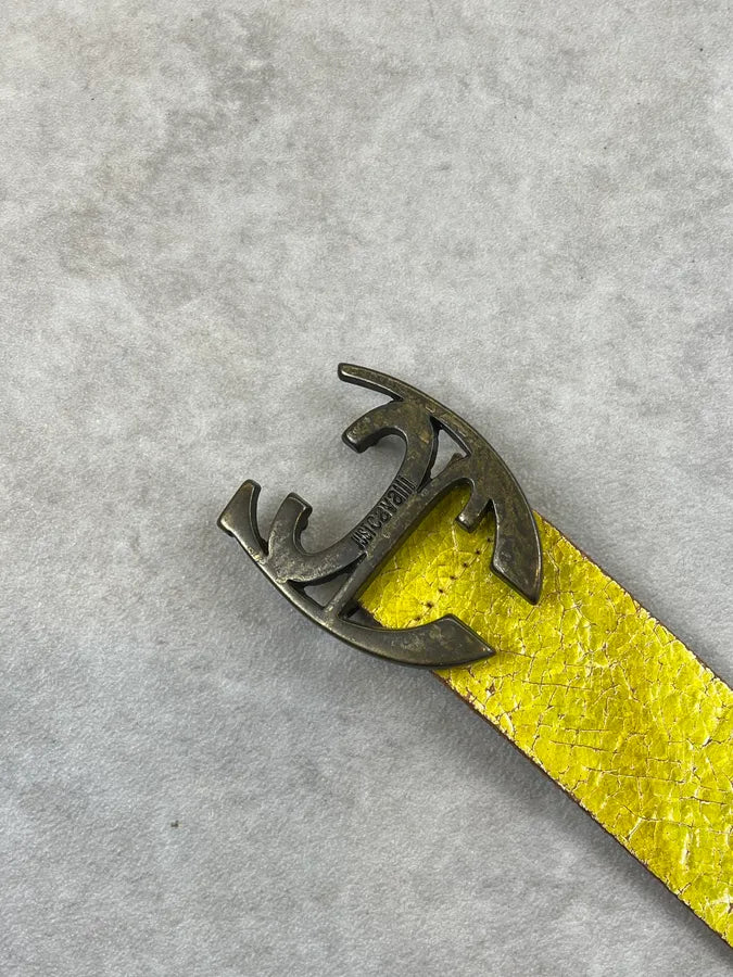 2000s Cavalli Yellow Eroded Leather Double Buckle Belt iQKtNOk 6