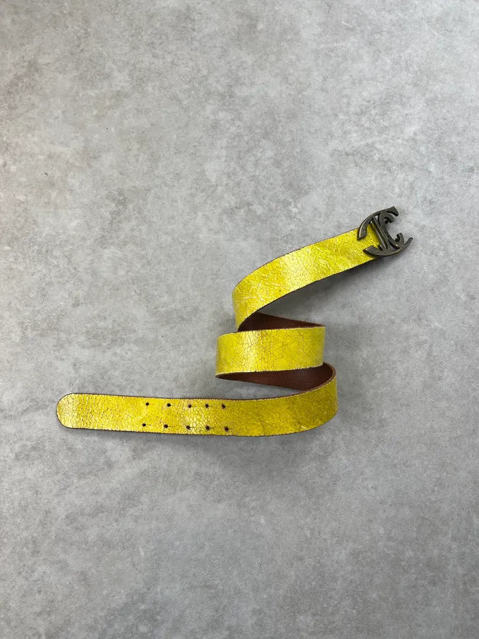 2000s Cavalli Yellow Eroded Leather Double Buckle Belt iQKtNOk 1