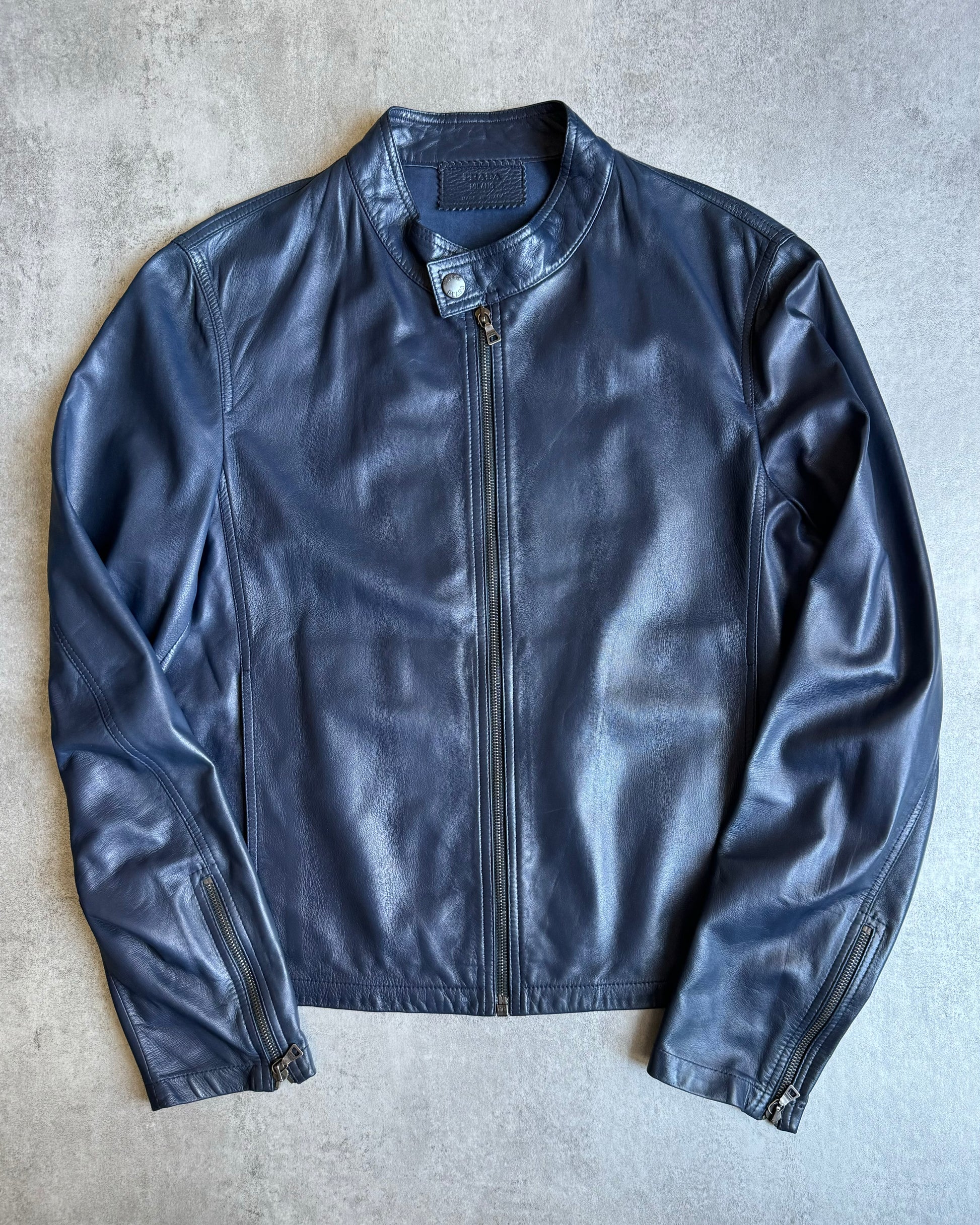 AW2000 Prada Navy Minimalist Biker Leather Jacket  (M) - 4