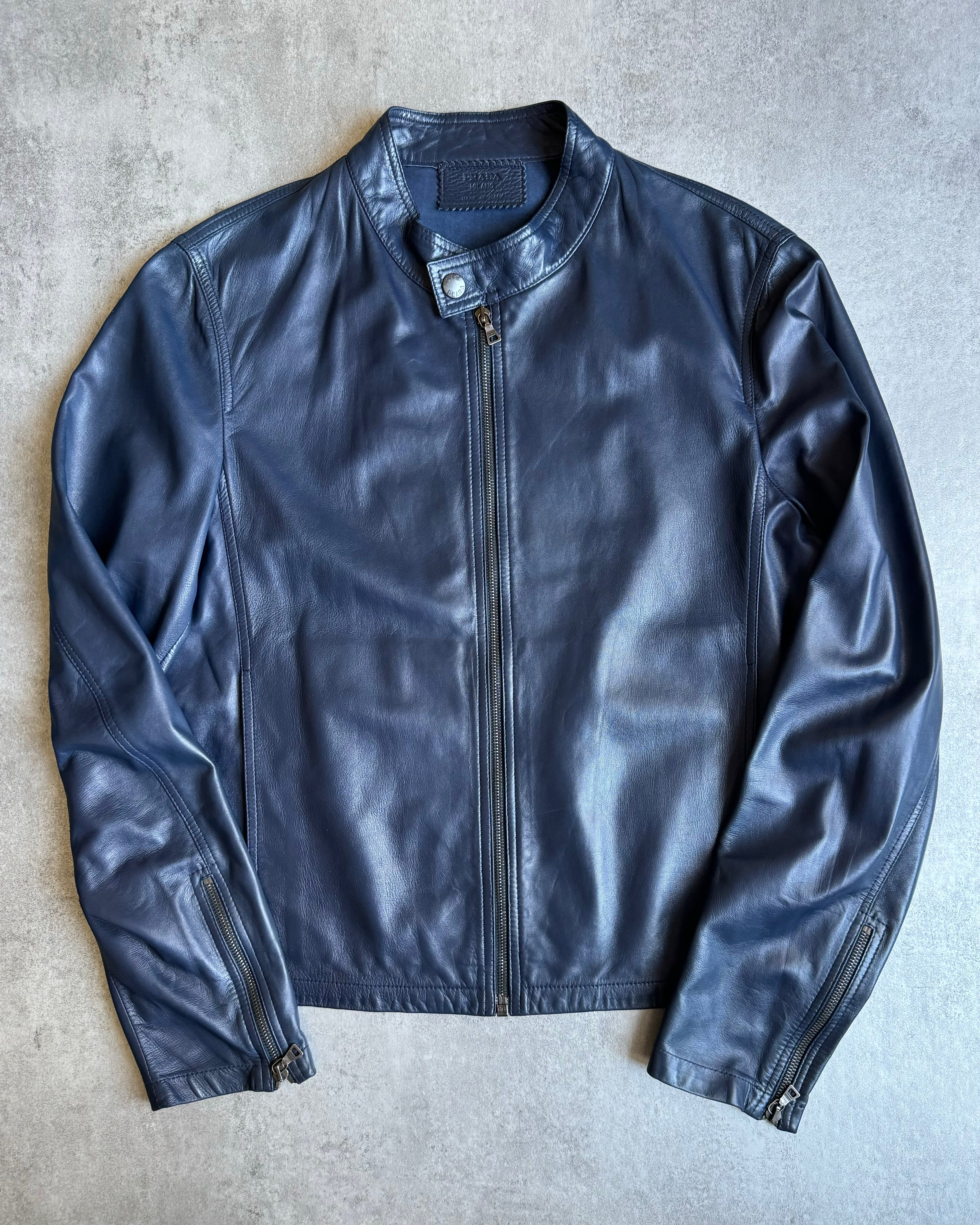 AW2000 Prada Navy Minimalist Biker Leather Jacket  (M) - 4