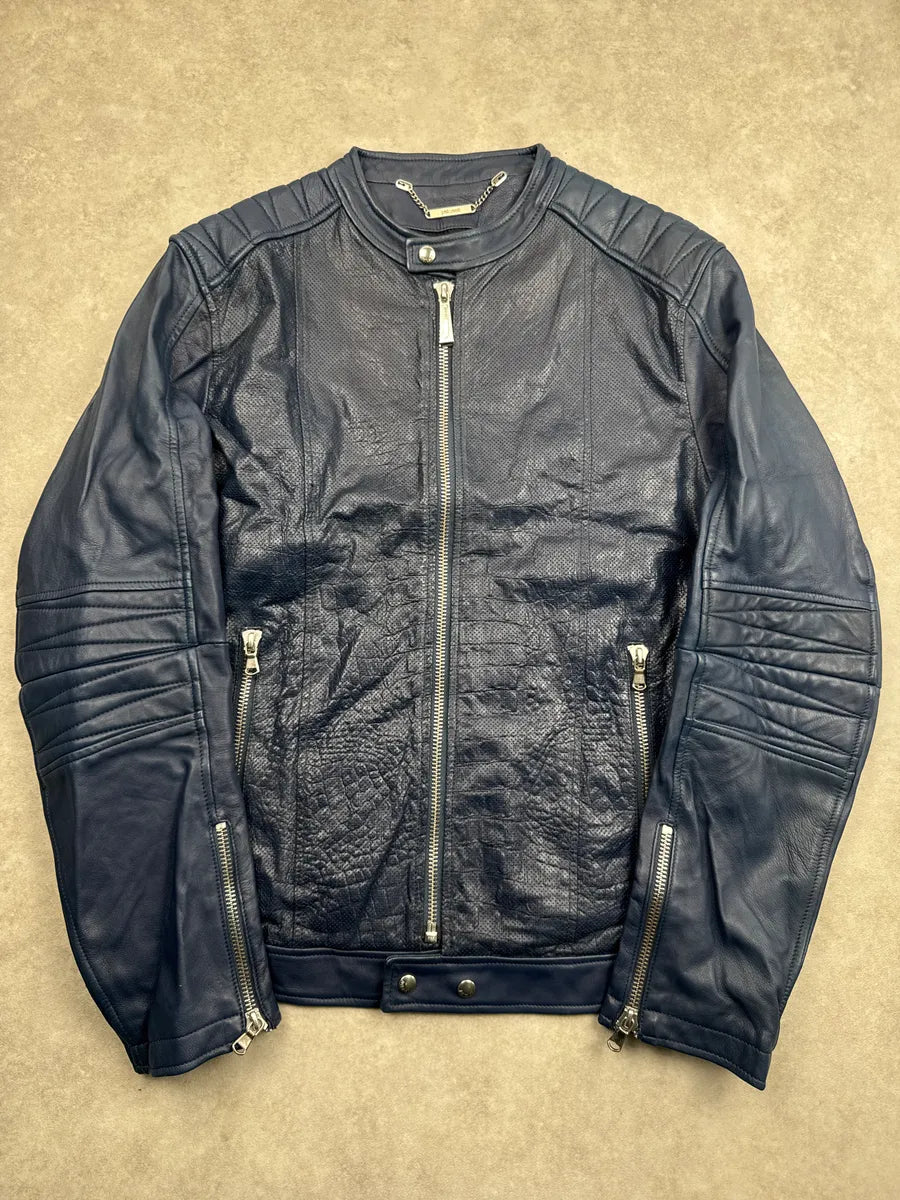SS2015 Cavalli Dark Navy Leather Crocodile Effect Biker Leather Jacket kBnLzaPs 0