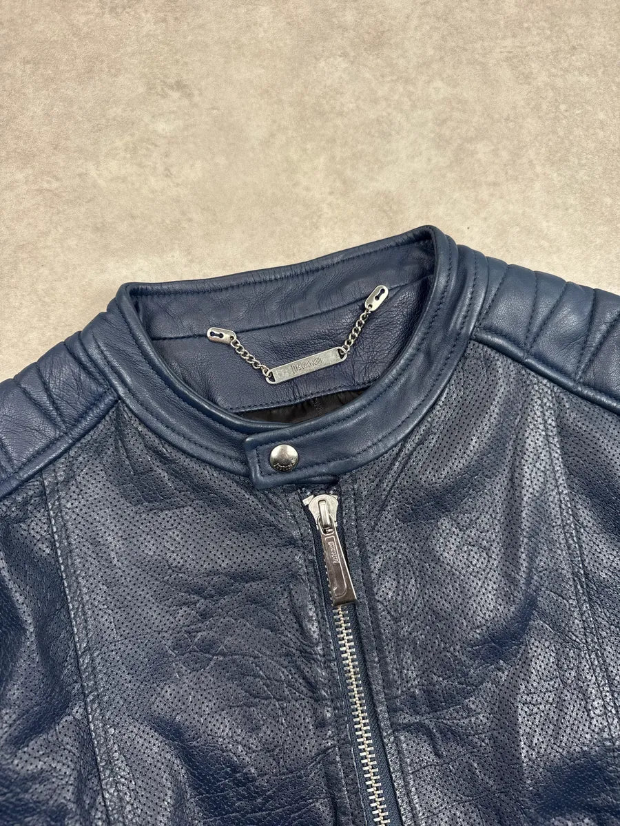 SS2015 Cavalli Dark Navy Leather Crocodile Effect Biker Leather Jacket kBnLzaPs 4