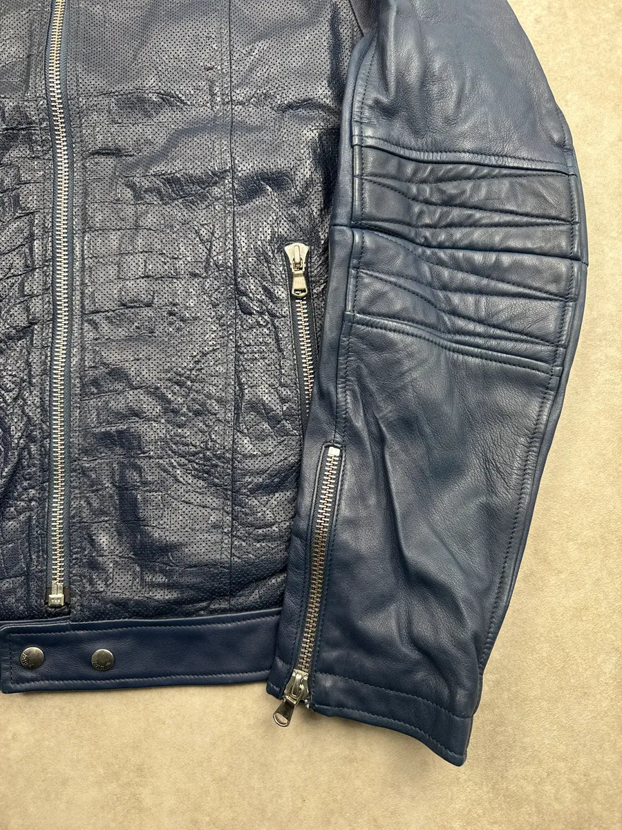SS2015 Cavalli Dark Navy Leather Crocodile Effect Biker Leather Jacket kBnLzaPs 7
