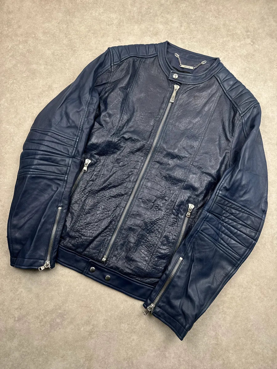 SS2015 Cavalli Dark Navy Leather Crocodile Effect Biker Leather Jacket kBnLzaPs 6