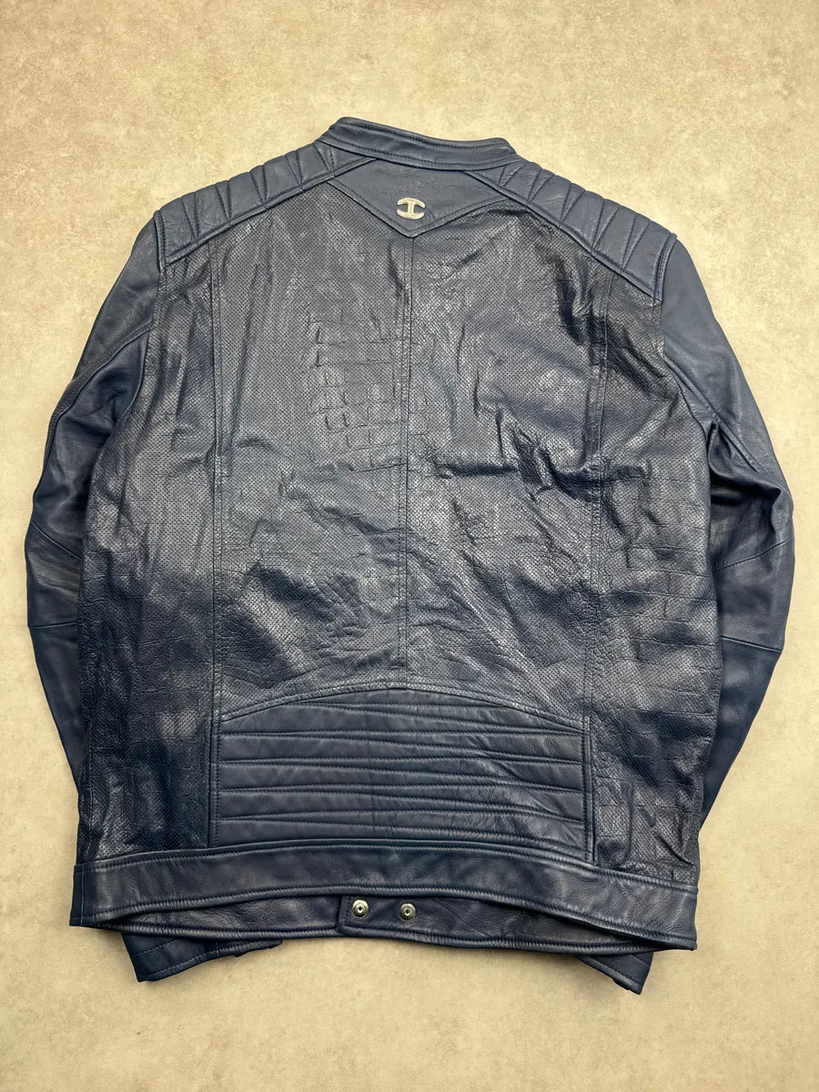 SS2015 Cavalli Dark Navy Leather Crocodile Effect Biker Leather Jacket kBnLzaPs 3
