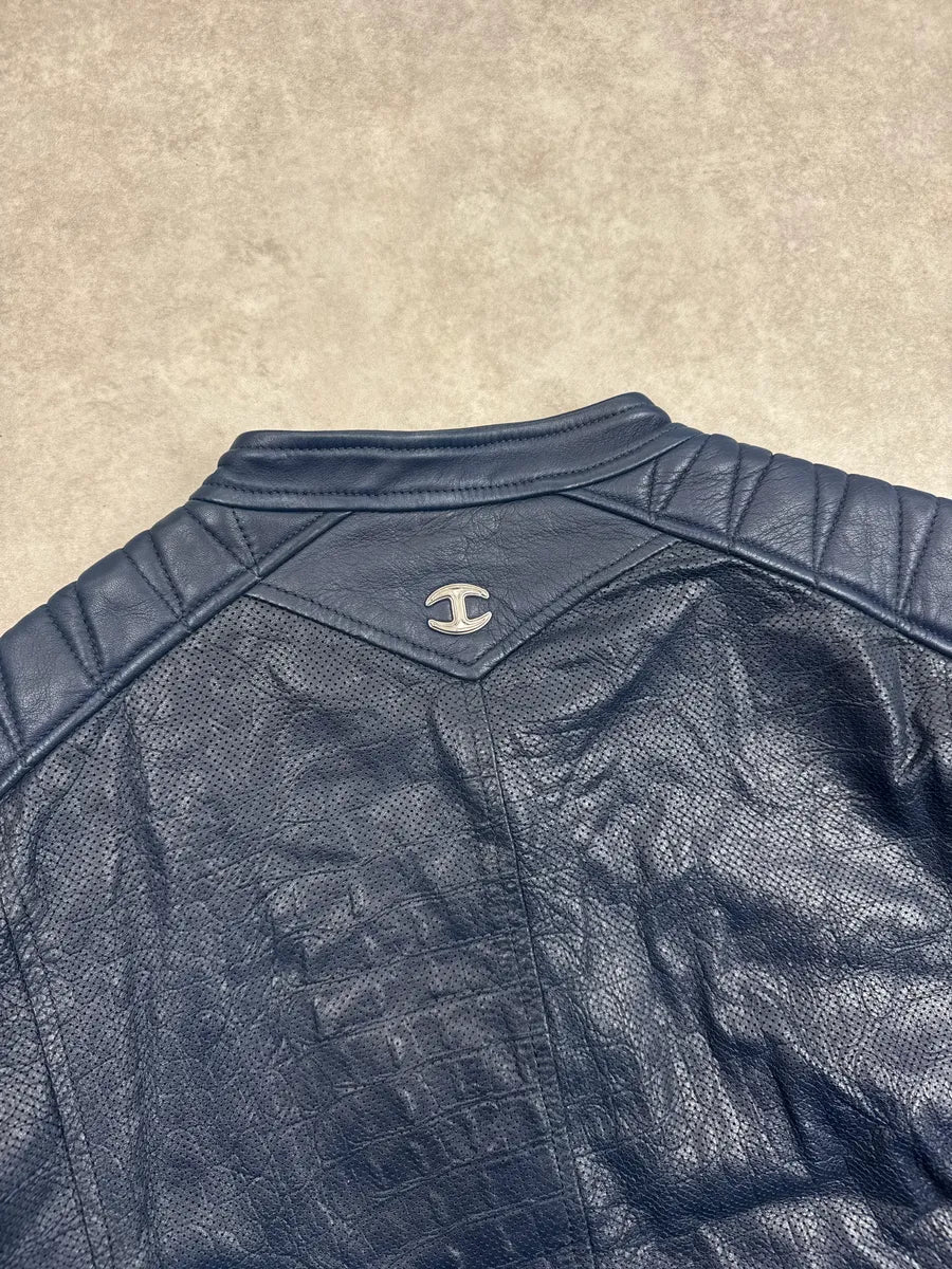 SS2015 Cavalli Dark Navy Leather Crocodile Effect Biker Leather Jacket kBnLzaPs 5