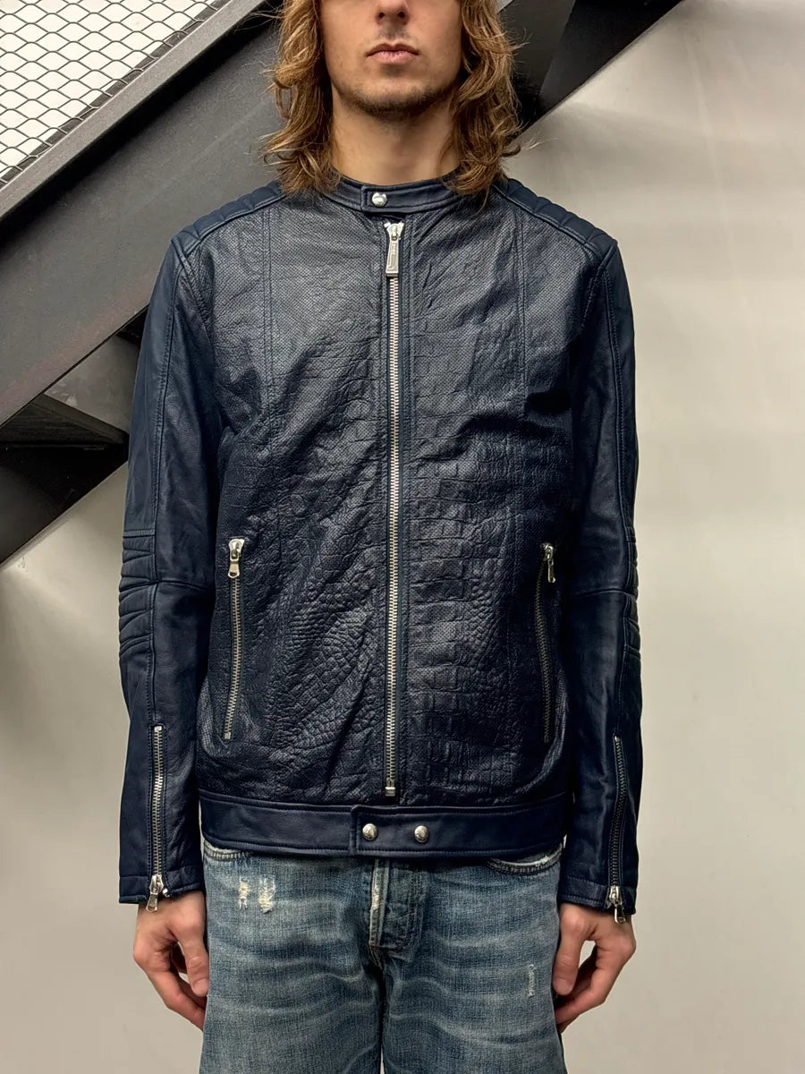SS2015 Cavalli Dark Navy Leather Crocodile Effect Biker Leather Jacket kBnLzaPs 1