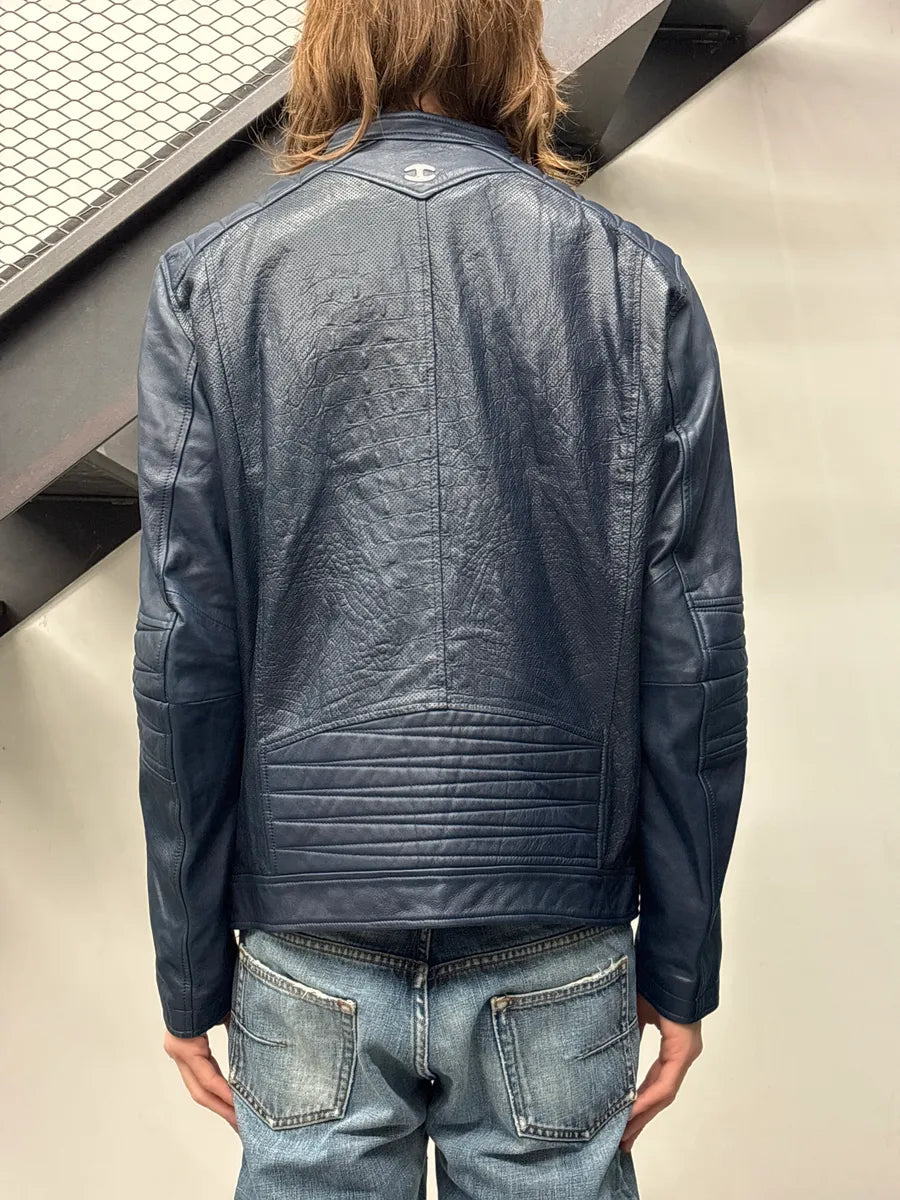 SS2015 Cavalli Dark Navy Leather Crocodile Effect Biker Leather Jacket kBnLzaPs 2