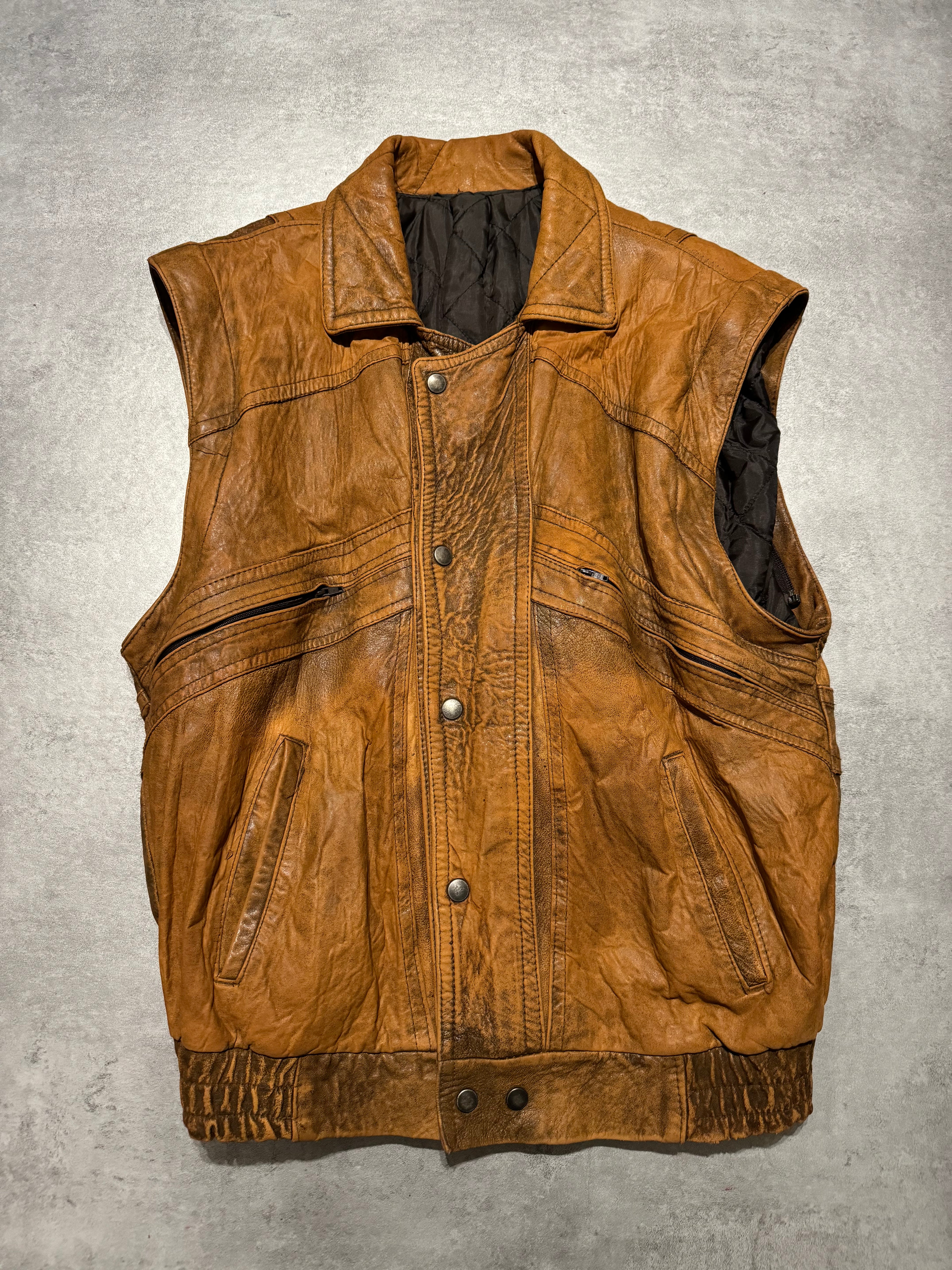 1990s Artisanal French Eroded Brown Leather Jacket with Detachable Sleeves (M) - 6