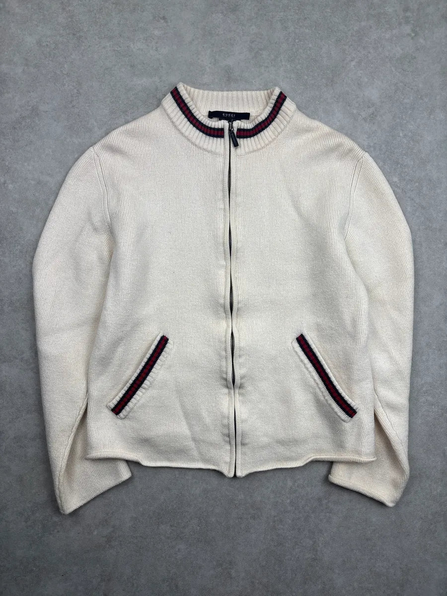 2000s Gucci Ivory Wool Web Stripe Zip-Up Sweater kMdVfMgQ 2