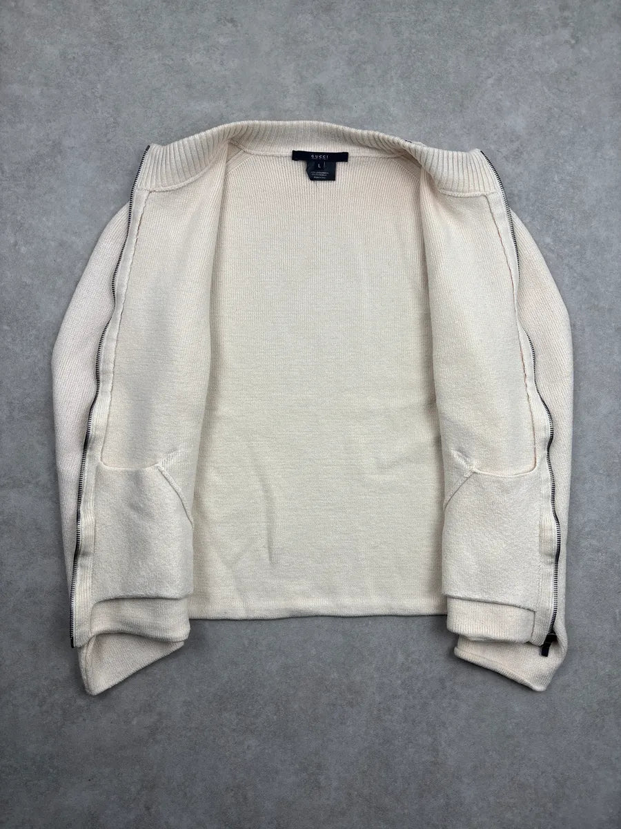 2000s Gucci Ivory Wool Web Stripe Zip-Up Sweater kMdVfMgQ 3