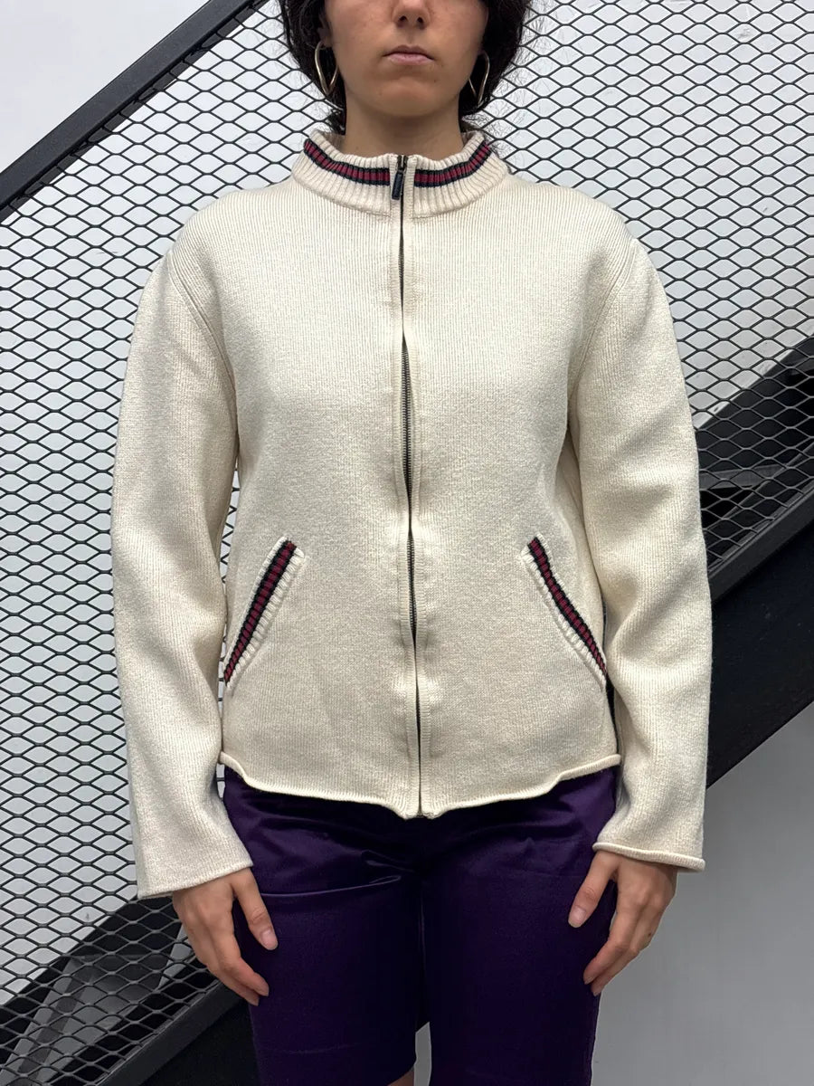 2000s Gucci Ivory Wool Web Stripe Zip-Up Sweater kMdVfMgQ 0