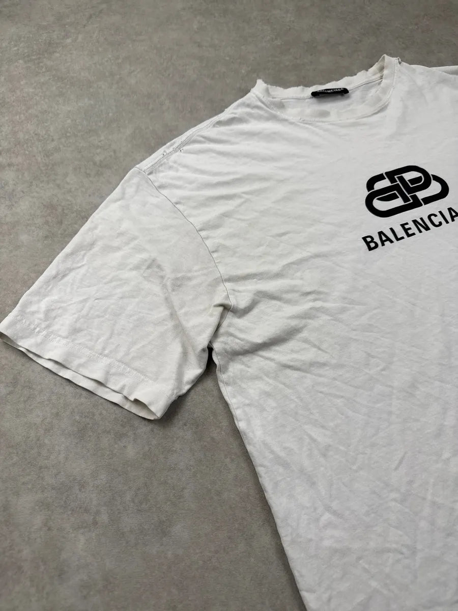 SS2018 Balenciaga White BB Logo Distressed Neckline T-Shirt kOGZtTwC 5