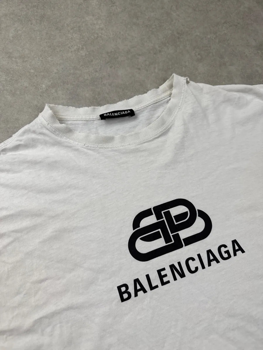 SS2018 Balenciaga White BB Logo Distressed Neckline T-Shirt kOGZtTwC 6