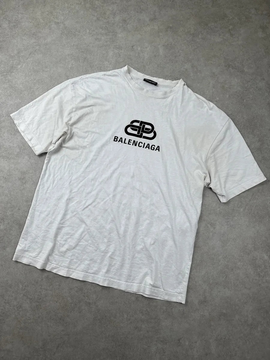 SS2018 Balenciaga White BB Logo Distressed Neckline T-Shirt kOGZtTwC 3
